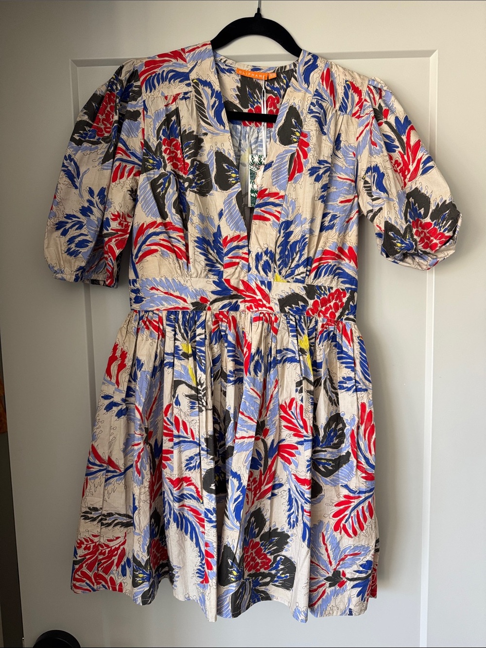 Oliphant Cream V-neck puff Mini Dress with Red, Blue & Black Floral Print